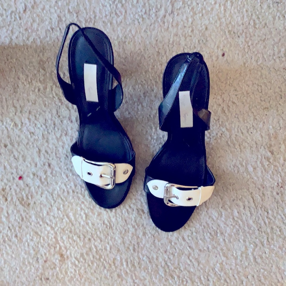 Black and white heeled open toes